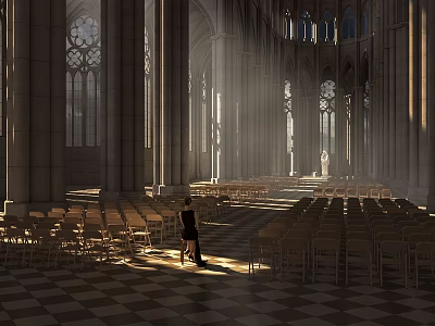 Religious Faith In Gothic Church Interior With Stained Glass Windows Ray Of Light And Worshiper 3d model