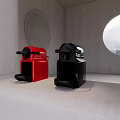 Sleek Kitchen Interior With Red And Black Appliances Gray Walls And Round Window