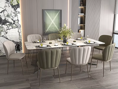 Modern Dining Table Set With Multiple Chairs Green Plants And Tableware Decor Elements 3d model