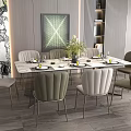 Modern Dining Table Set With Multiple Chairs Green Plants And Tableware Decor Elements 3d model