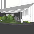 Modern Building Main Entrance With Oversized Canopy And Lush Greenery