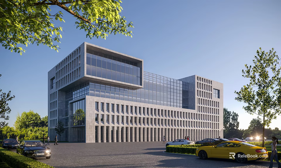 Modern Office Building Architectural Design With Glass Curtain Walls Gray Stone Exterior Trees And Parking Lot 3d model 