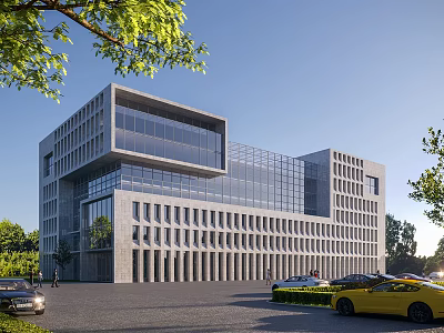 Modern Office Building Architectural Design With Glass Curtain Walls Gray Stone Exterior Trees And Parking Lot 3d model