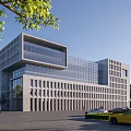 Modern Office Building Architectural Design With Glass Curtain Walls Gray Stone Exterior Trees And Parking Lot