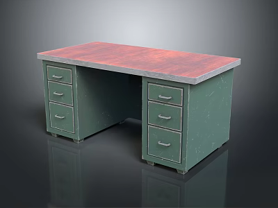 Home Office Workspace Desk With Green Cabinet And Red Wooden Top Featuring Multiple Drawers 3d model