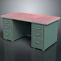 Home Office Workspace Desk With Green Cabinet And Red Wooden Top Featuring Multiple Drawers