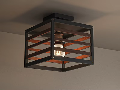 Modern Industrial Square Ceiling Light with Black Frame Wooden Slats and Illuminated Bulb 3d model