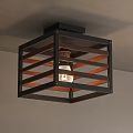 Modern Industrial Square Ceiling Light with Black Frame Wooden Slats and Illuminated Bulb