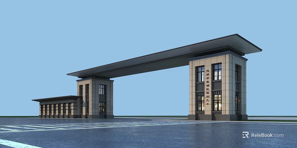 Modern Entrance Gate with Stone Columns and Flat Roof Architectural Design for Paved Plaza Area 3d model 