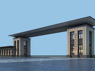 Modern Entrance Gate with Stone Columns and Flat Roof Architectural Design for Paved Plaza Area 3d model