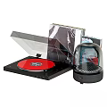 Black Turntable With Red Vinyl Record Clear Cover And Transparent Dome Speaker