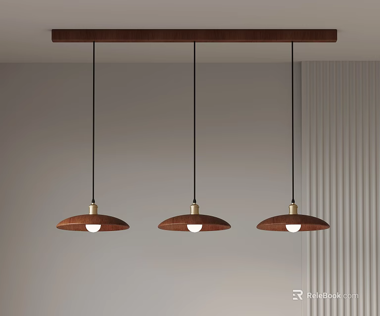 Three Pendant Lights with Brown Shades and Black Cords Hanging from Wooden Bar on Ceiling 3d model 