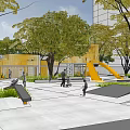 Indoor Children's Play Area With Yellow Mesh Fence And Circular Decorations