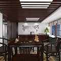 Contemporary Office Interior Featuring Dark Wooden Bookshelves Ceiling Panels Gray Marble Floor And Decorative Elements