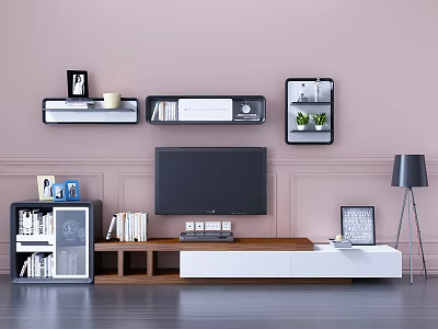 Modern TV Stand Setup With Flat Screen TV Wall Shelves Bookshelf And Floor Lamp 3d model