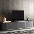 Modern Gray Wooden TV Stand With Gold Accents TV Vases And Green Plants