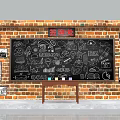 Sign in Station With Brick Wall Blackboard Hand drawn Artwork Posters And Wooden Table