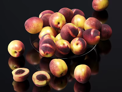 Fresh Ripe Peaches with Halved Slices on Glass Plate Over Black Reflective Surface 3d model