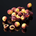 Fresh Ripe Peaches with Halved Slices on Glass Plate Over Black Reflective Surface