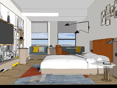 Modern Hotel Room With White Bed Large Windows Colorful Rug And Wall Art 3d model