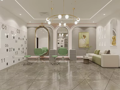 Modern Beauty Hair Salon Interior With Green Chairs Mirrors Sofa And Numbered Wall 3d model