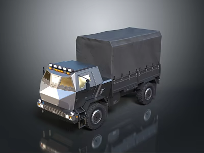 Dark Colored Canvas Covered Cargo Truck With Front Headlights And Large Tires 3d model