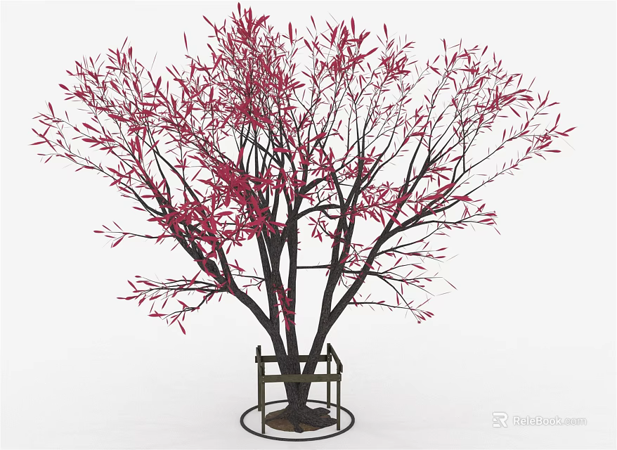Ornamental Tree with Red Leaves and Dark Trunk on Metal Stand 3d model 