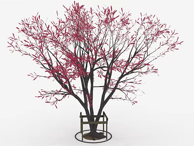 Ornamental Tree with Red Leaves and Dark Trunk on Metal Stand 3d model