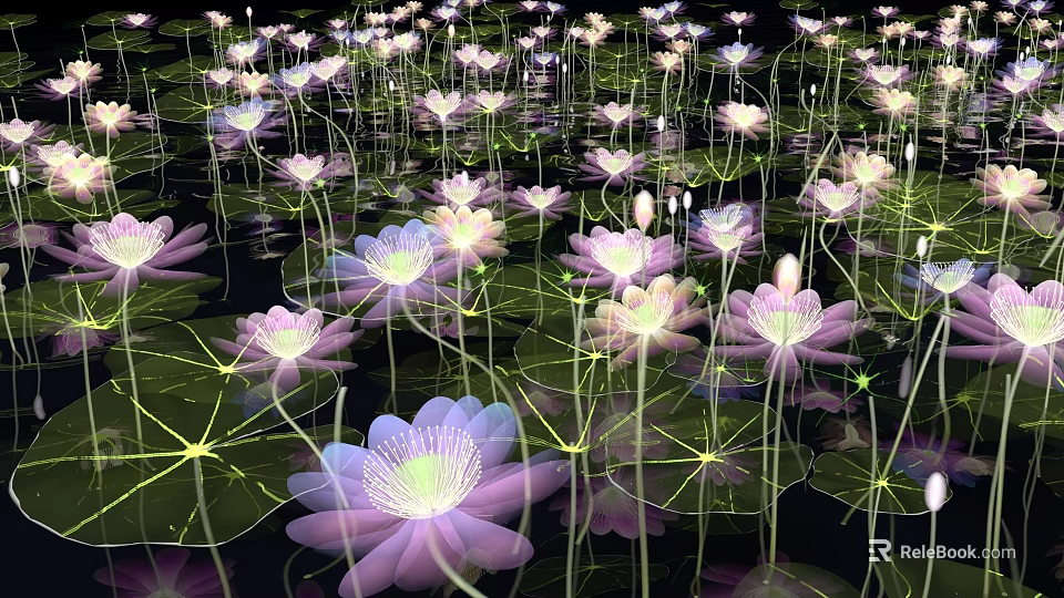 Waterfront Landscape With Pink White Lotus Flowers Green Lily Pads On Water And Glowing Lights 3d model 