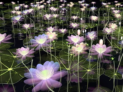 Waterfront Landscape With Pink White Lotus Flowers Green Lily Pads On Water And Glowing Lights 3d model