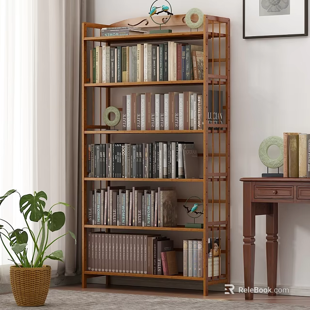 Wooden Bookshelf With Multiple Shelves Filled With Books Decorative Items Green Plant And Side Table 3d model 