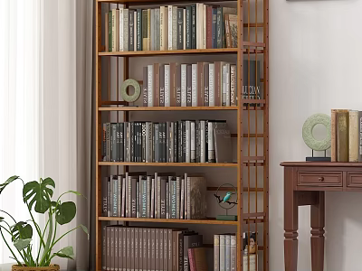 Wooden Bookshelf With Multiple Shelves Filled With Books Decorative Items Green Plant And Side Table 3d model