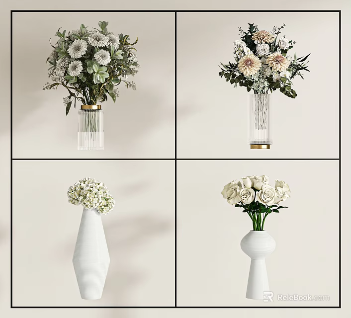 White Flowers Pink Blooms And Green Foliage In Different Shaped Vases For Modern Decor 3d model 