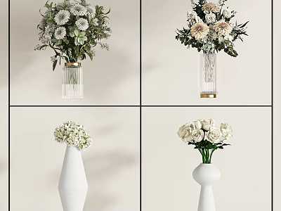 White Flowers Pink Blooms And Green Foliage In Different Shaped Vases For Modern Decor 3d model