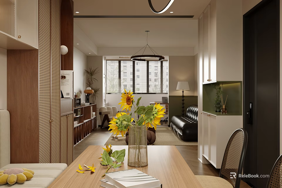 Modern Cozy Living And Dining Room Interior Design With Wooden Furniture And Fresh Decor Lighting 3d model 