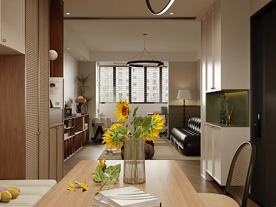 Modern Cozy Living And Dining Room Interior Design With Wooden Furniture And Fresh Decor Lighting 3d model