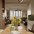 Modern Cozy Living And Dining Room Interior Design With Wooden Furniture And Fresh Decor Lighting