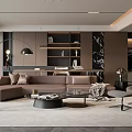 Modern Living Room Interior With Leather Sofa Coffee Table Floor Lamp And Wall Shelves