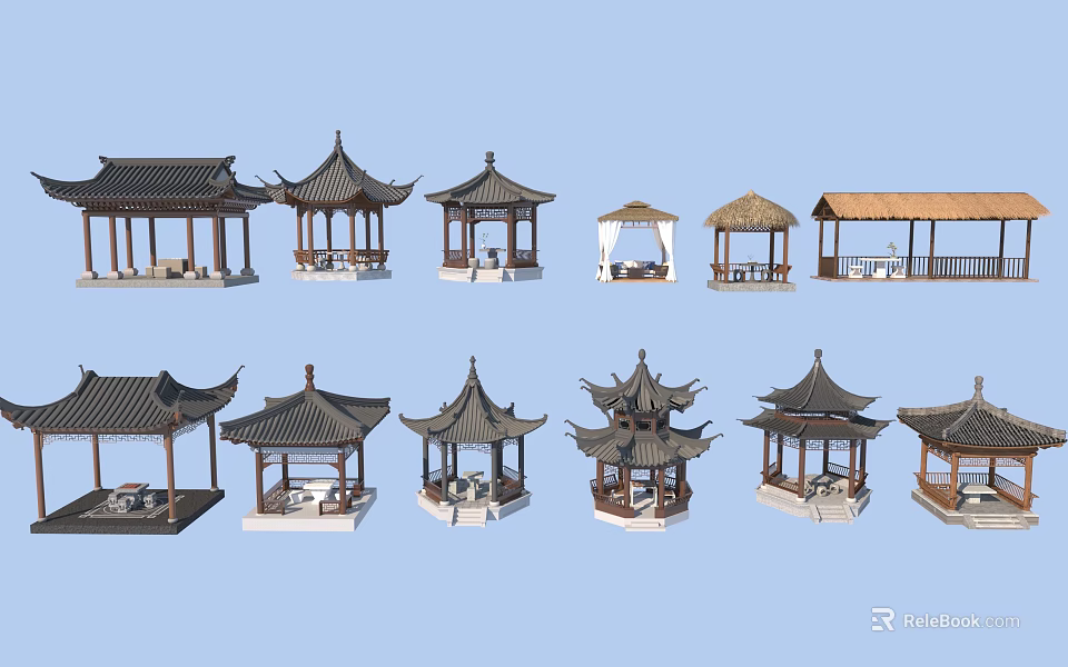 Various Traditional Garden Pavilions With Different Roof Designs And Wooden Structures 3d model 