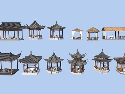 Various Traditional Garden Pavilions With Different Roof Designs And Wooden Structures 3d model