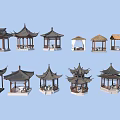 Various Traditional Garden Pavilions With Different Roof Designs And Wooden Structures