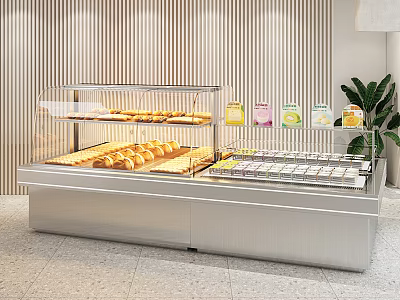 Stainless Steel Food Display Shelves With Fresh Bread And Packaged Goods In Modern Store Interior 3d model