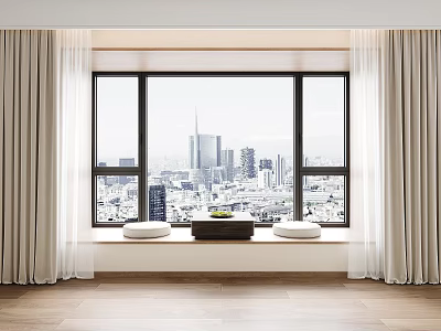 Light Colored Curtains Framing Large Window With City Skyline View 3d model