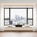 Light Colored Curtains Framing Large Window With City Skyline View