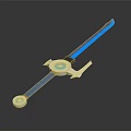 Blue Glowing Long Handled Weapon With Circular Blue Gem And Metallic Accents