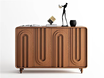 Modern Wooden Sideboard with Grooved Pattern Design and Decorative Figurine and Box on Top 3d model