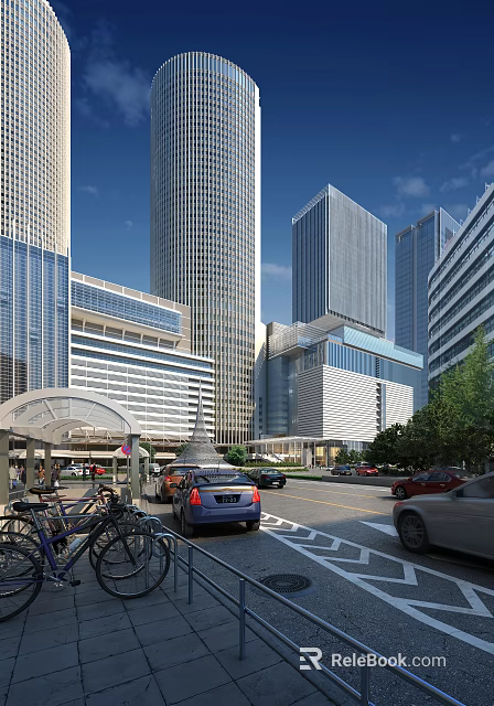 Modern Office Buildings With Glass Curtain Walls In Urban Area With Street Vehicles And Greenery 3d model 