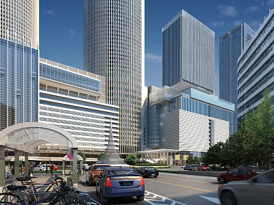 Modern Office Buildings With Glass Curtain Walls In Urban Area With Street Vehicles And Greenery 3d model