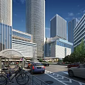 Modern Office Buildings With Glass Curtain Walls In Urban Area With Street Vehicles And Greenery