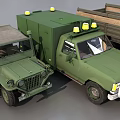 Multiple Green Utility Vehicles With Cargo Beds And Functional Cabins 3d model